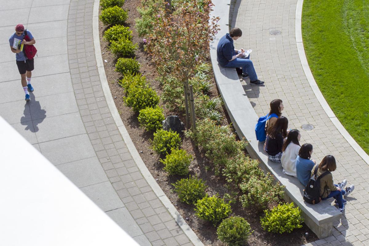 Aerial view of students sittling on the curved stone bench around the campus commons and one student walking on the campus walkway